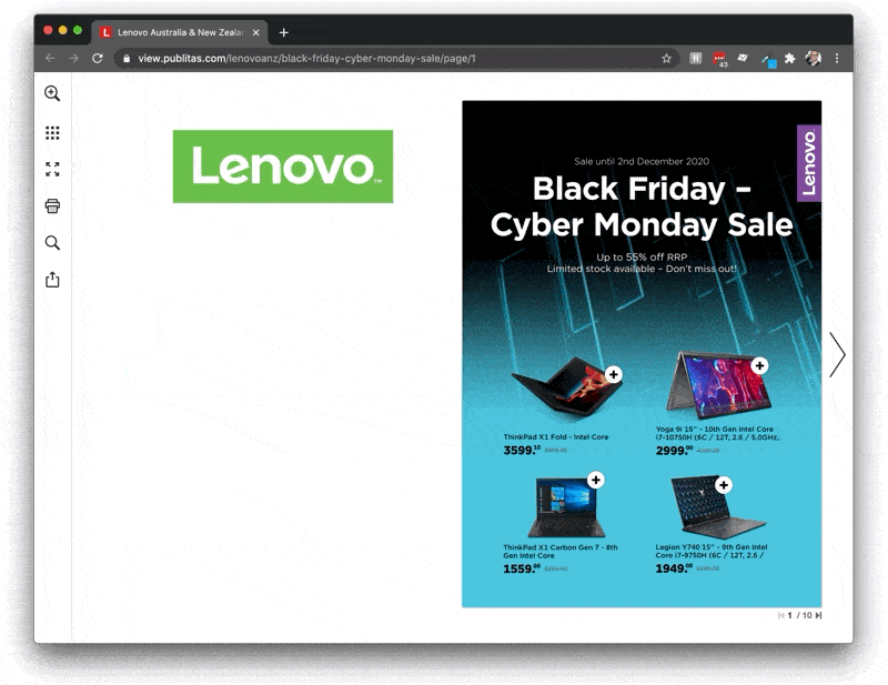 An animation of a digital catalog with a promotion for Black Friday at the front. You see the banner being clicked, then being navigated to the correct page of the catalog.