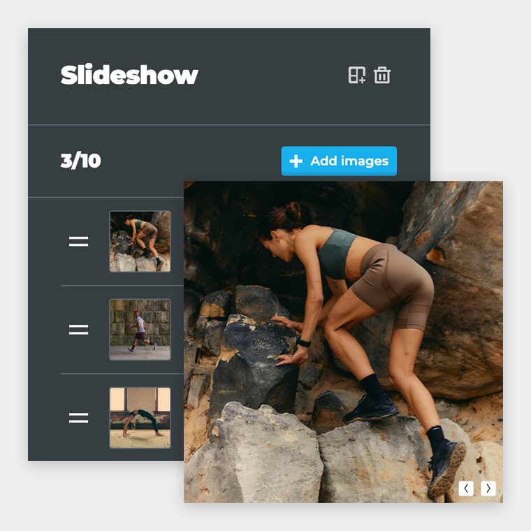 A slideshow being added using Publitas. Multiple images are visible, such as a woman climbing a rock wall and a woman in Yoga pose.