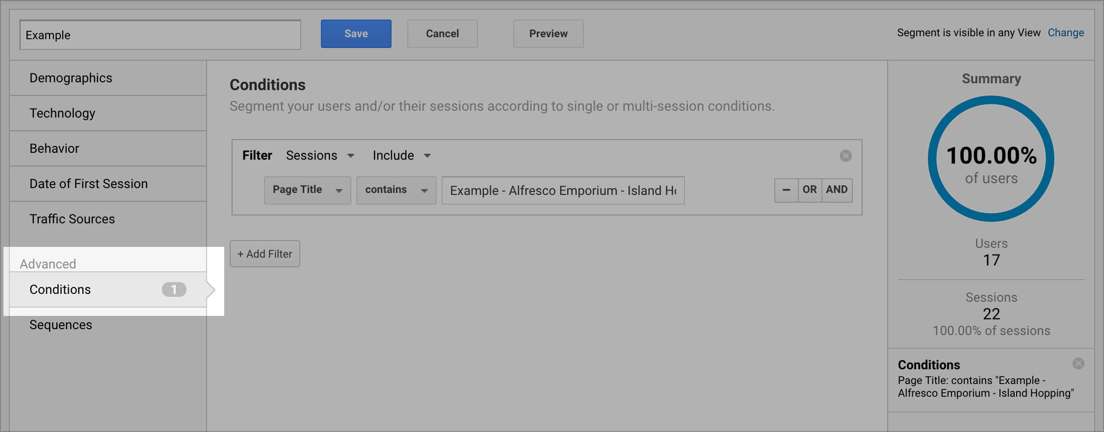 Adding advanced conditions to your segment in Google Analytics.