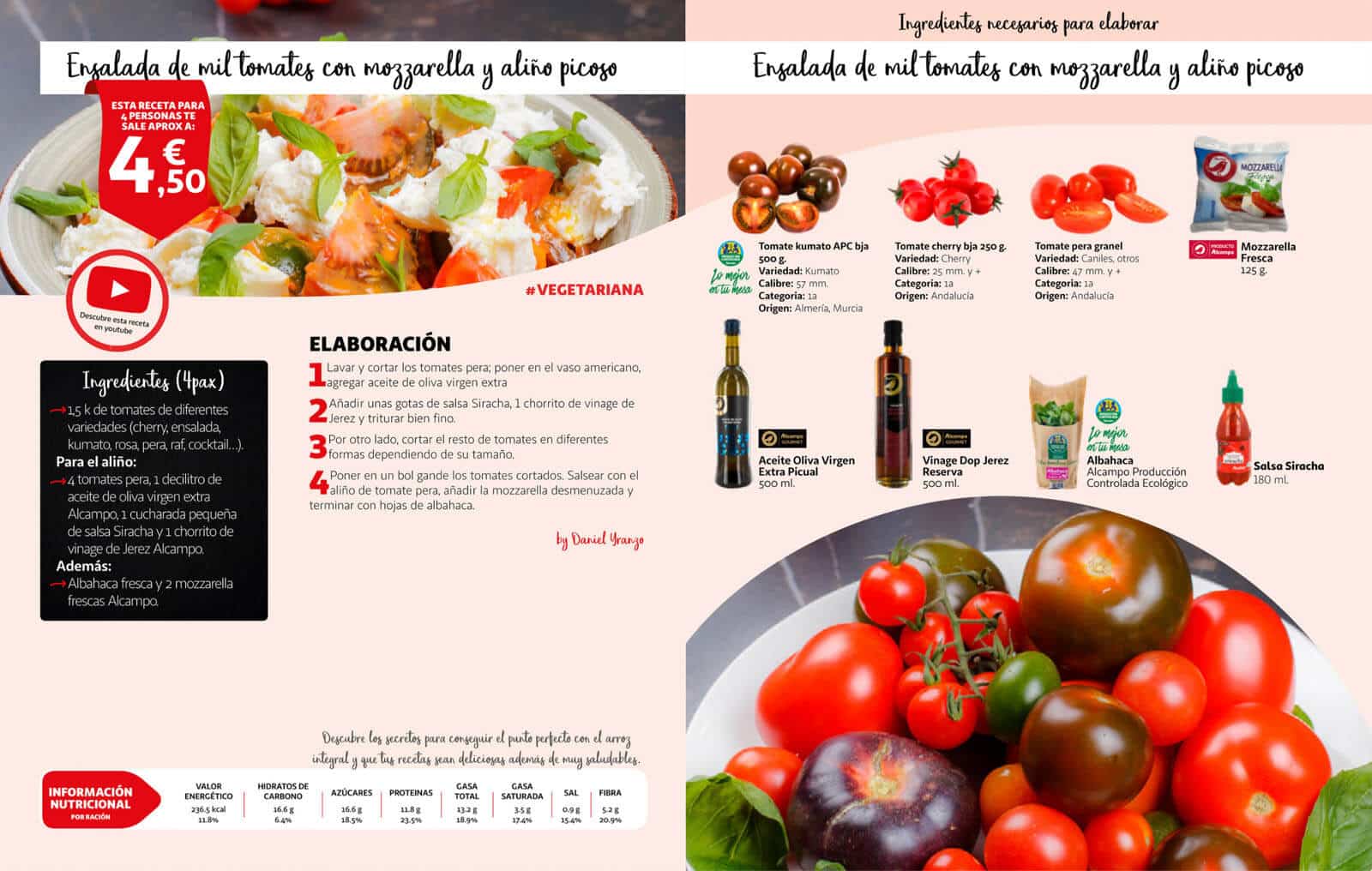 Spread from Alcampo's brochure showing the ingredients for a tomato salad.