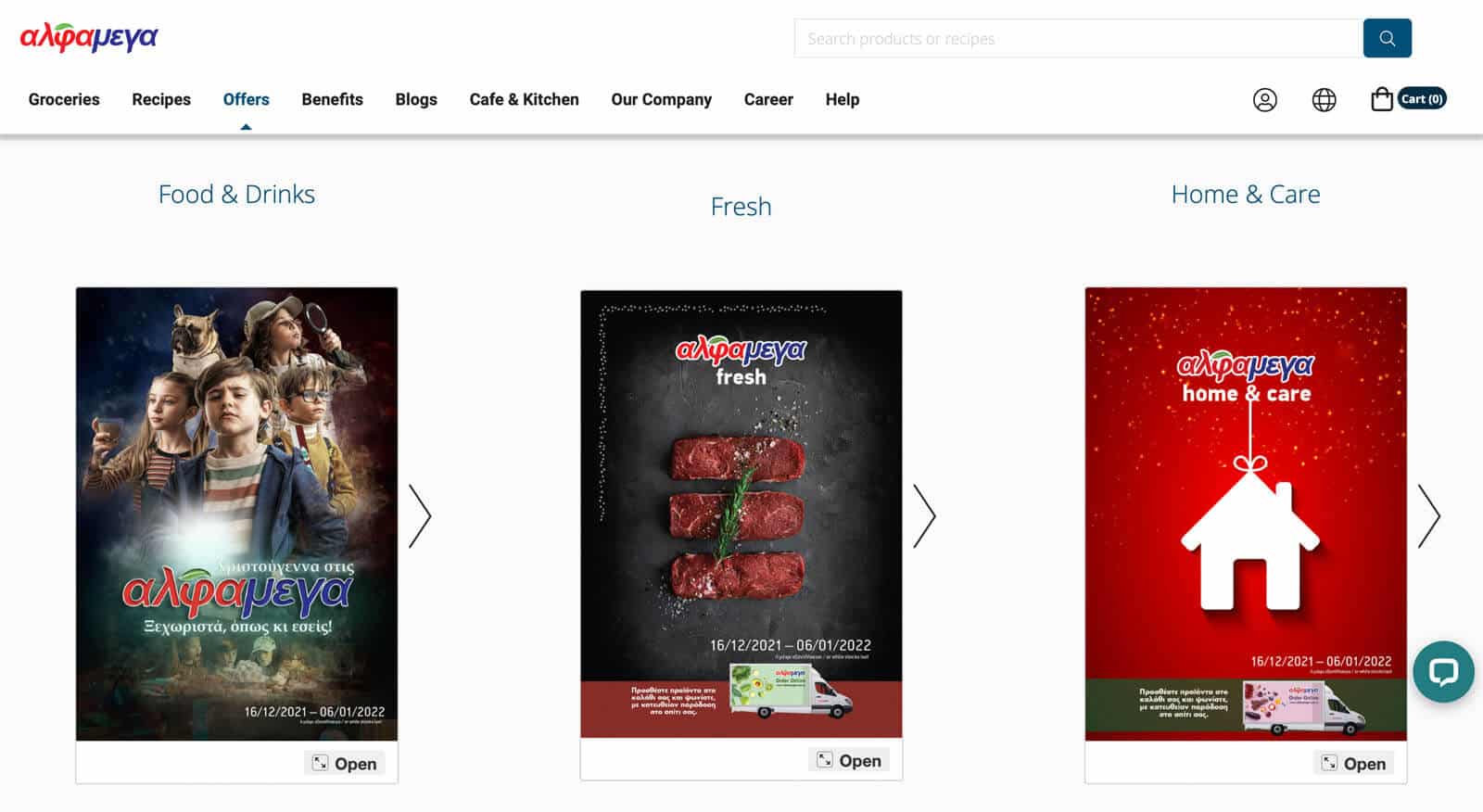 An overview of flyers on ALPHAMEGA's website. Categories such as: Food & Drinks, Fresh, and Home & Care.