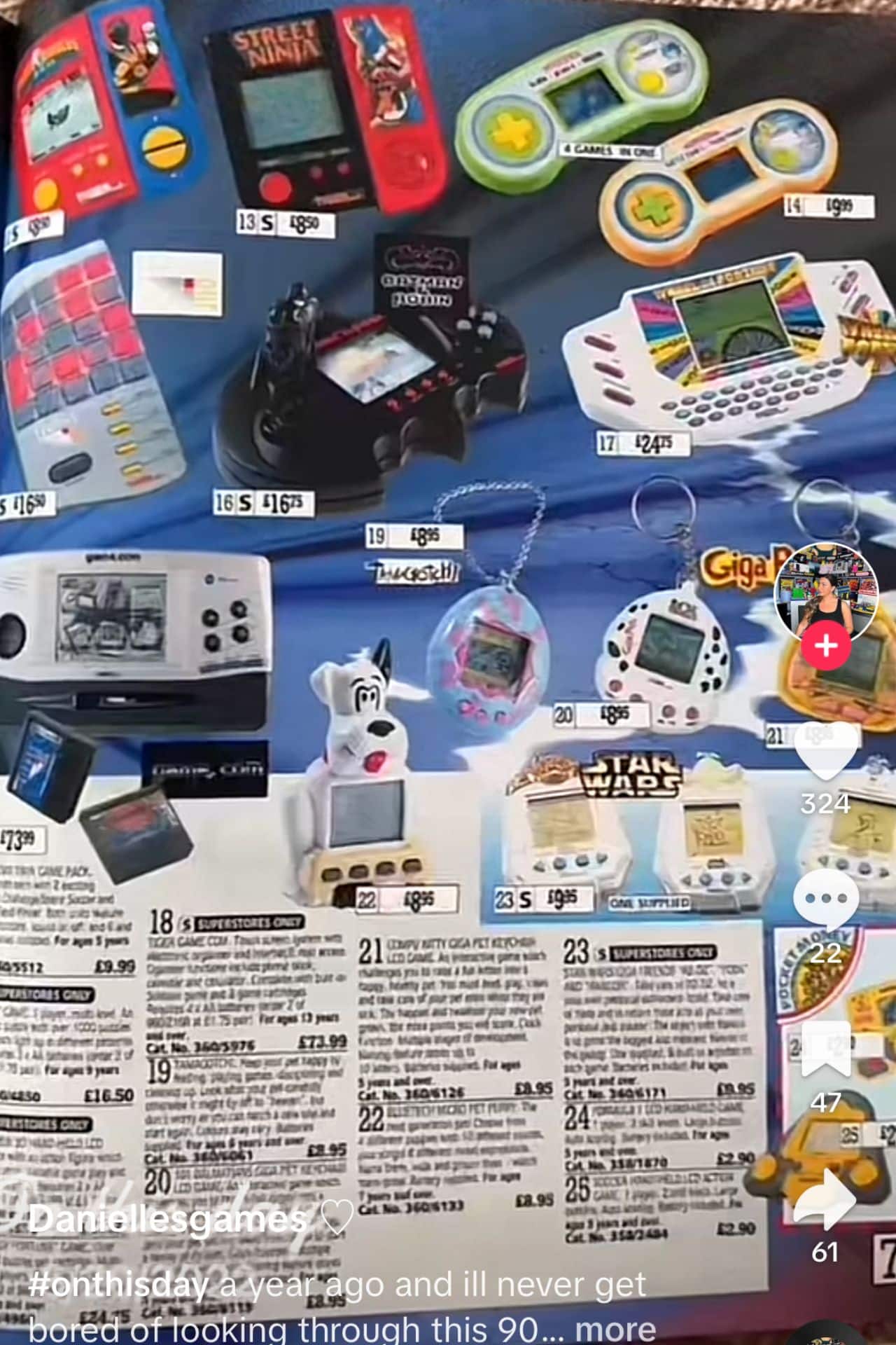 A page of an Argos catalog from the 90s showing old hand-held game devices such as a tamagotchi.