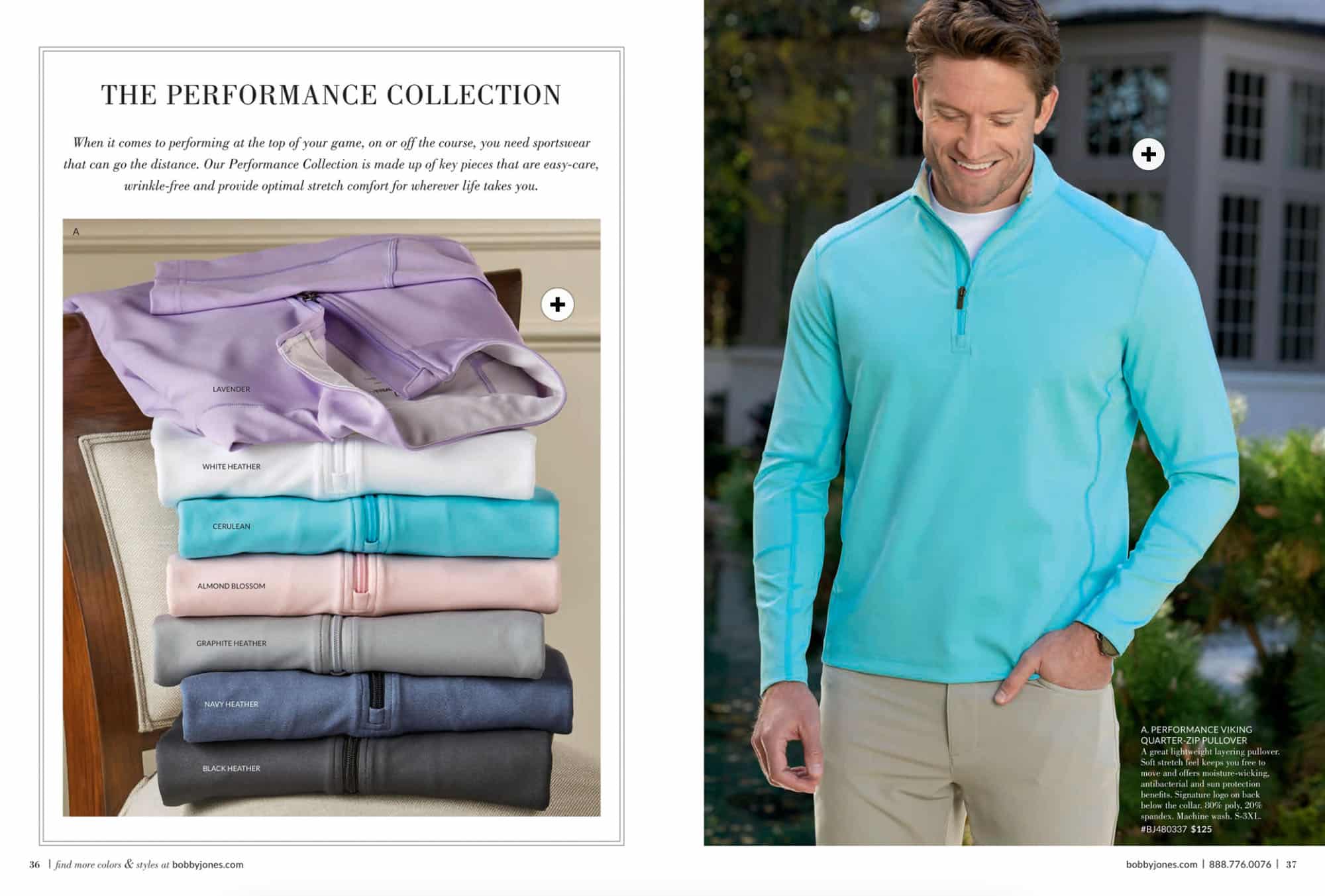 Spread from Bobby Jones' catalog with a stack of shirts that are shoppable.