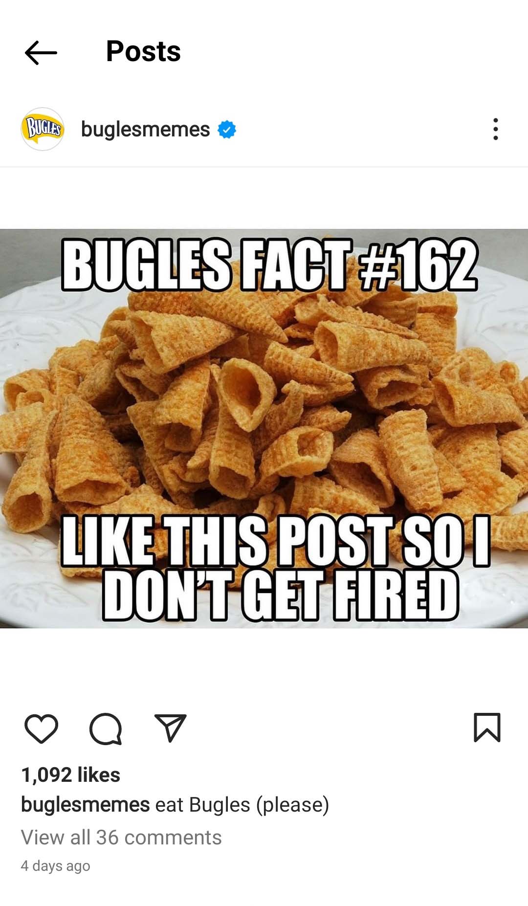 Meme image with copy: Bugles fact #162 - Like this post so I don't get fired.