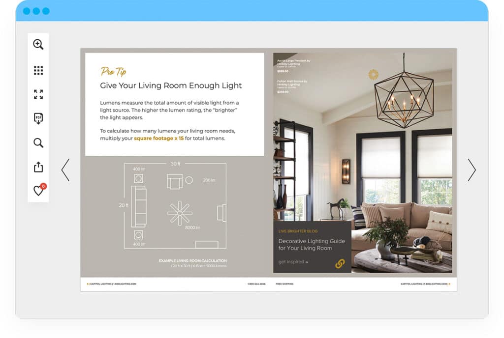 A page from Capitol Lighting's digital catalog showing a pro tip about giving your living room enough light.