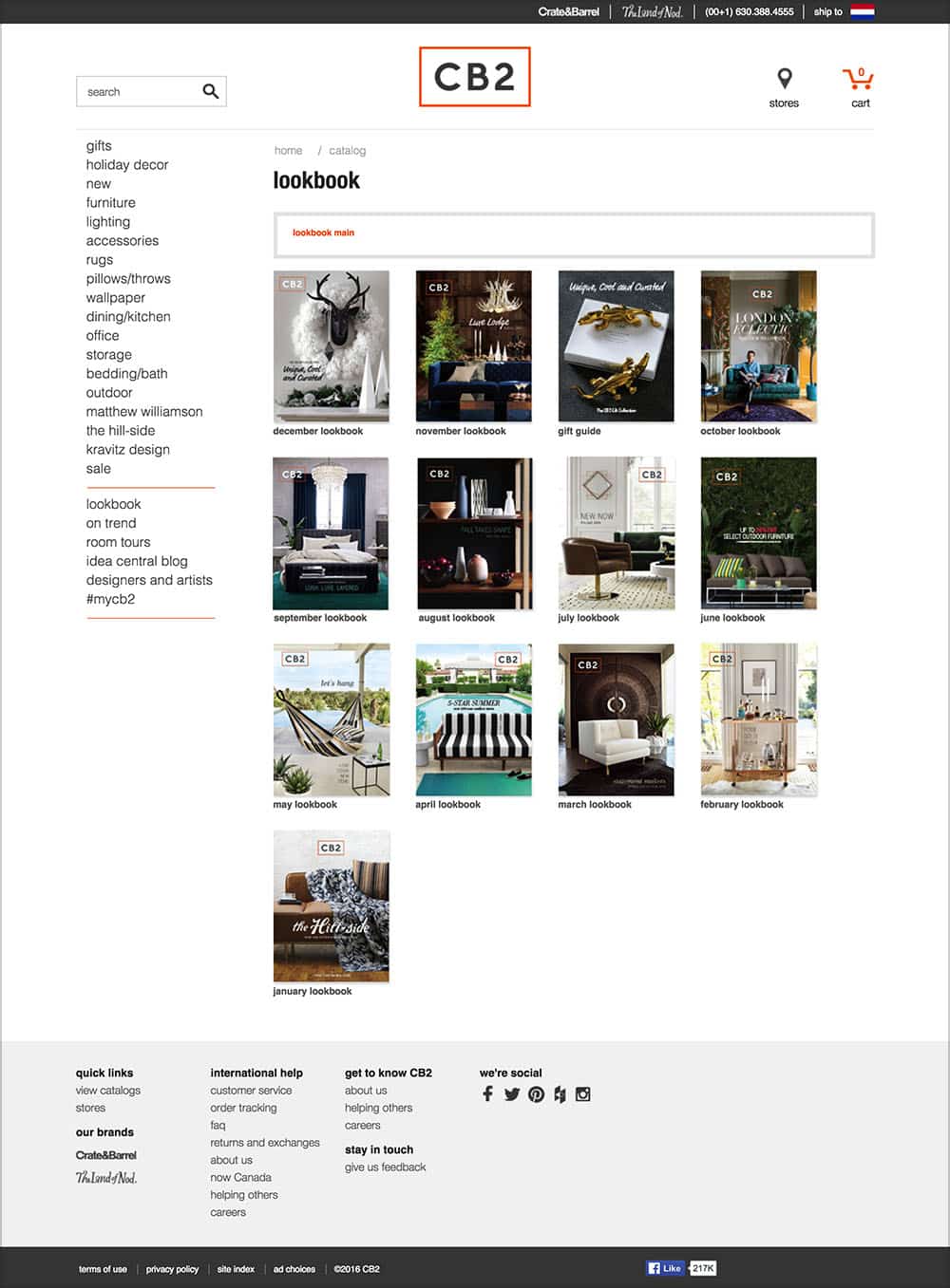 CB2 online catalog landing page.