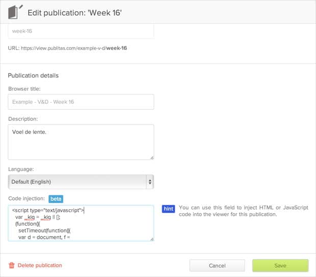 Publitas code injection on publication level