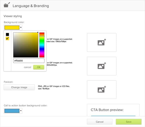 Color dropdown for background color in Publitas online magazine software