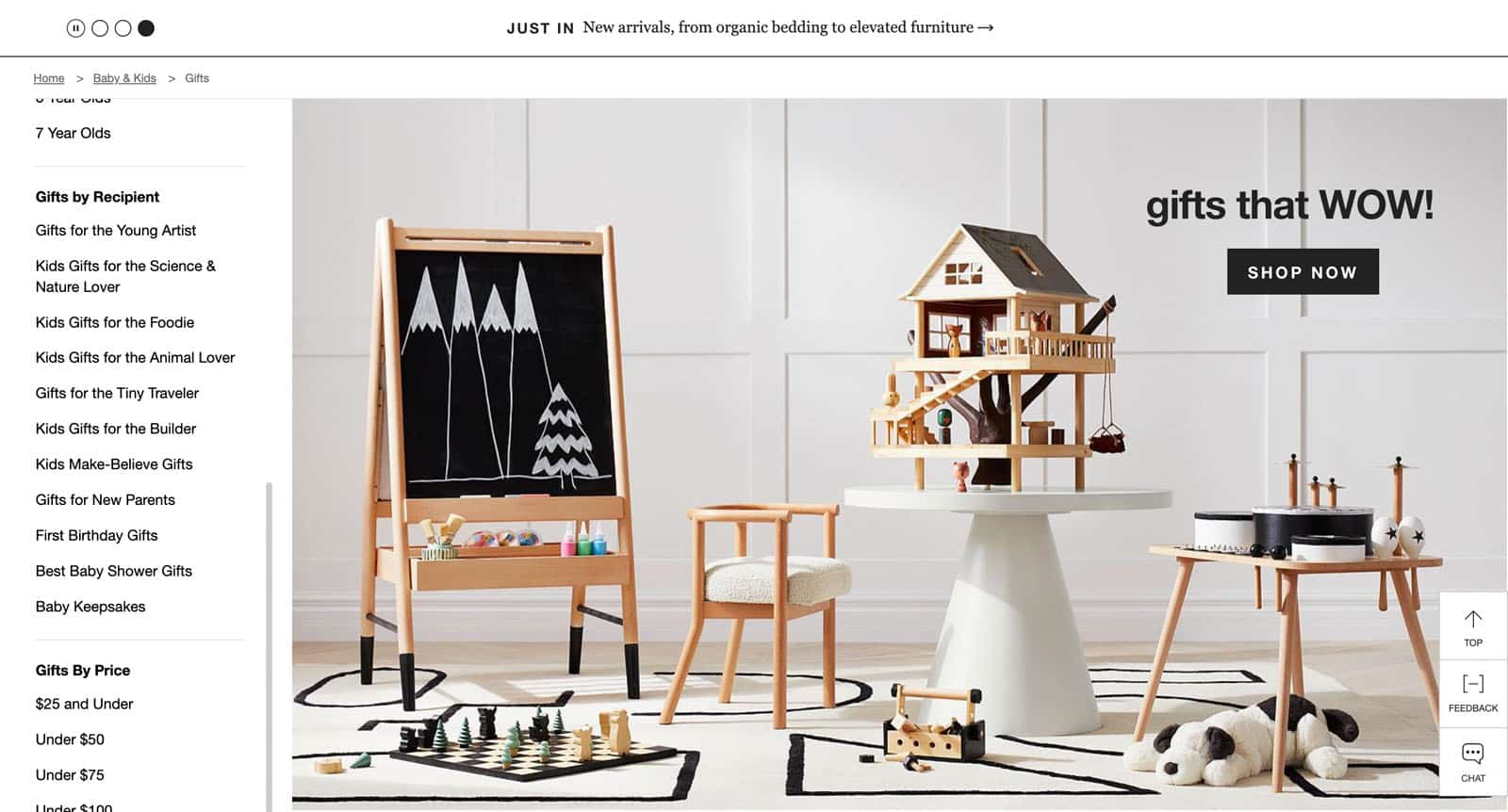 Screenshot of Crate & Barrel's online store. Left a huge list of segments such as For the Young Artist. Right a collection of gifts for kids.