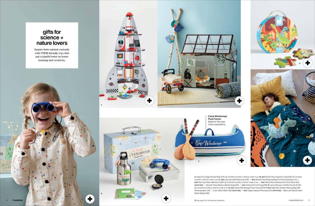 Spread from Crate & Kids catalog showing multiple products such as little explorer kit for kids.