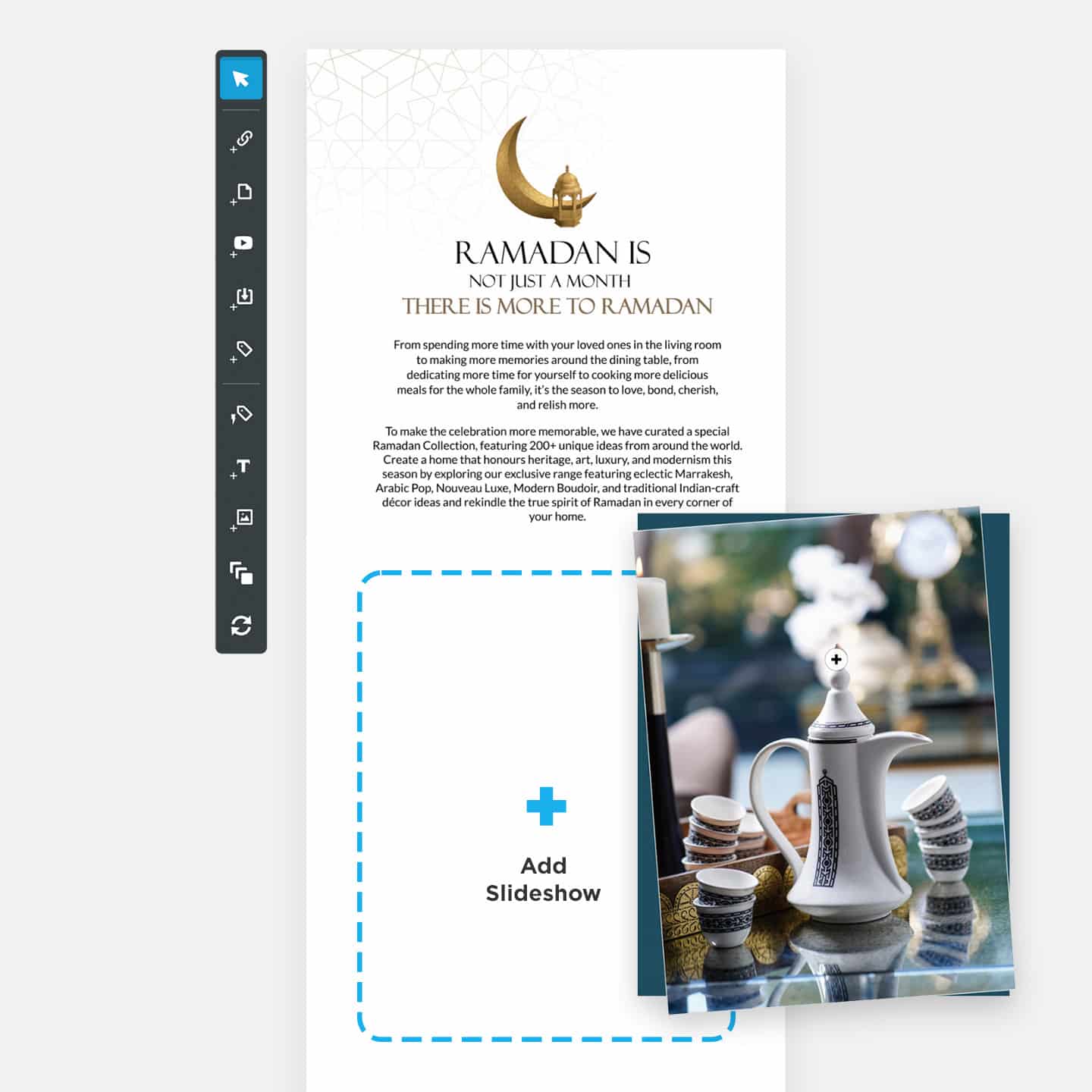 A page from a catalog created in Publitas. It's a Ramadan special decorated with a moon. A tea set takes center stage.