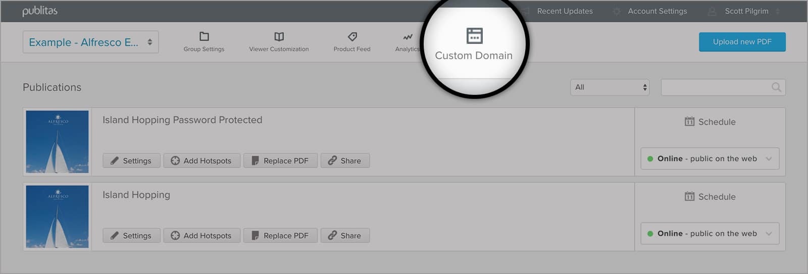 Button for instruction to setup a custom domain.