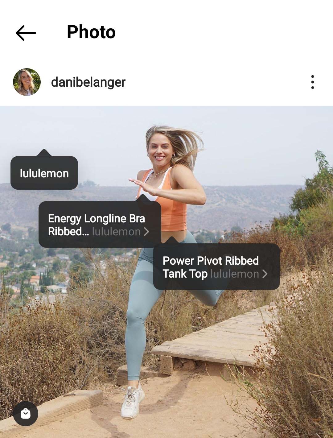 Screenshot of influencer danibelanger's Instagram account. Showing an outfit tagged with shoppable products.