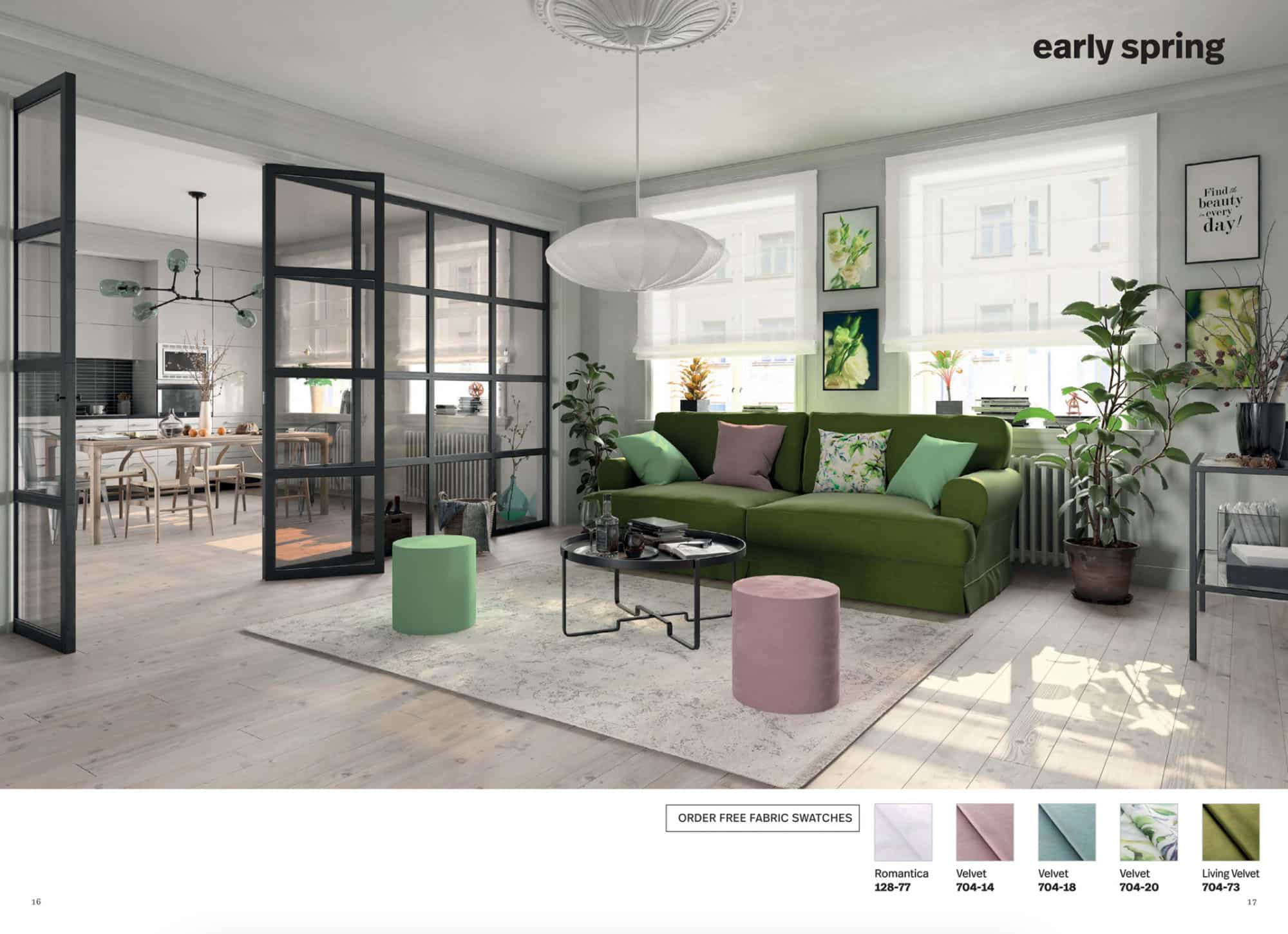 A living room with soft greens and pinks. Early spring.