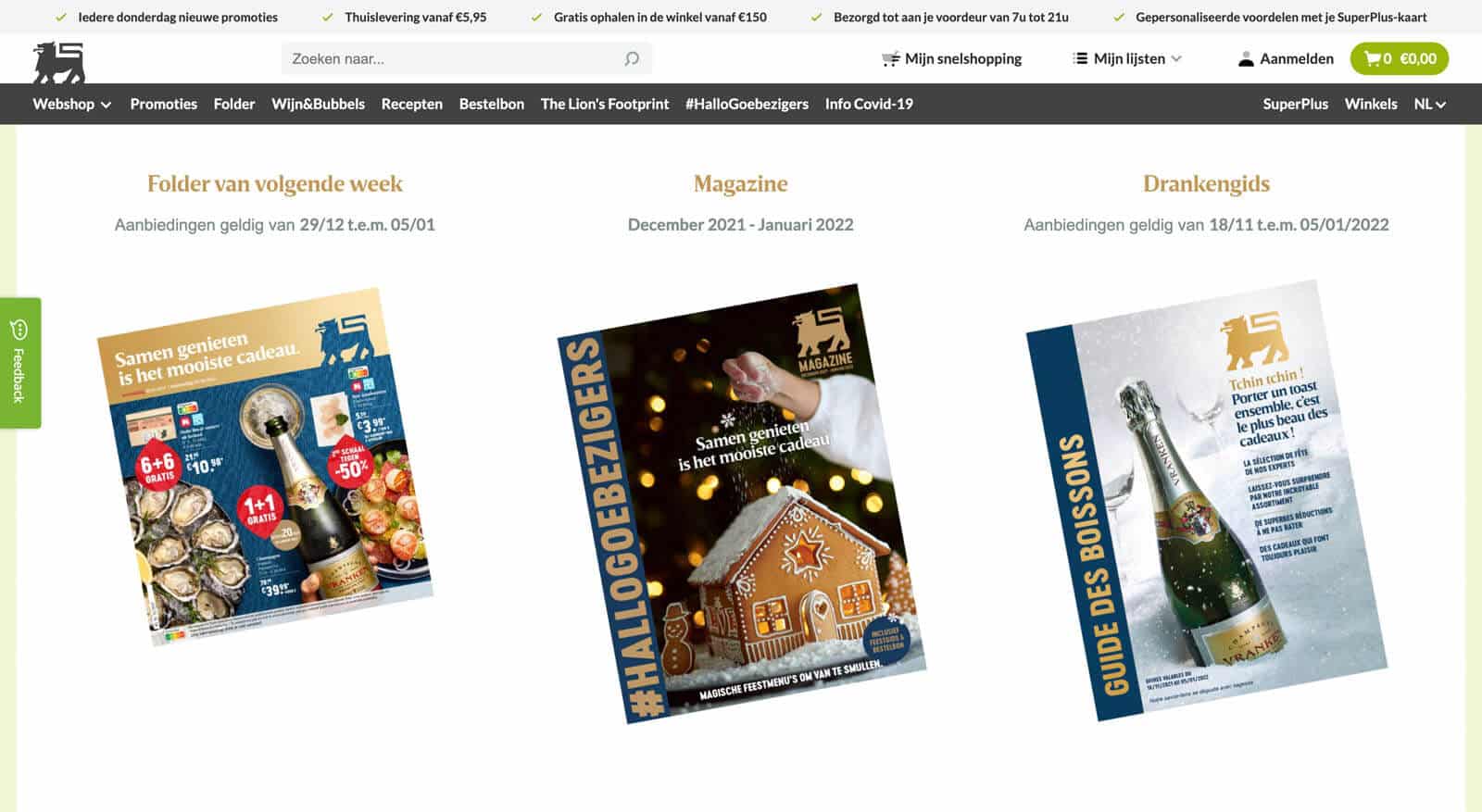 An overview on Delhaize's website showing their drinks guide, magazine, and this week's leaflet.