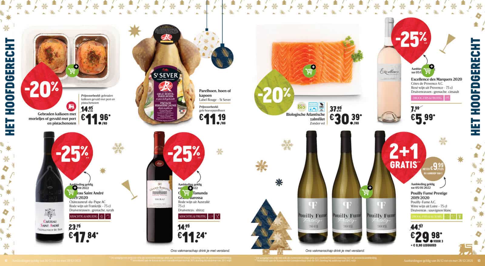 Spread from Delhaize's brochure showing an overview of discounted products including an add to cart button.