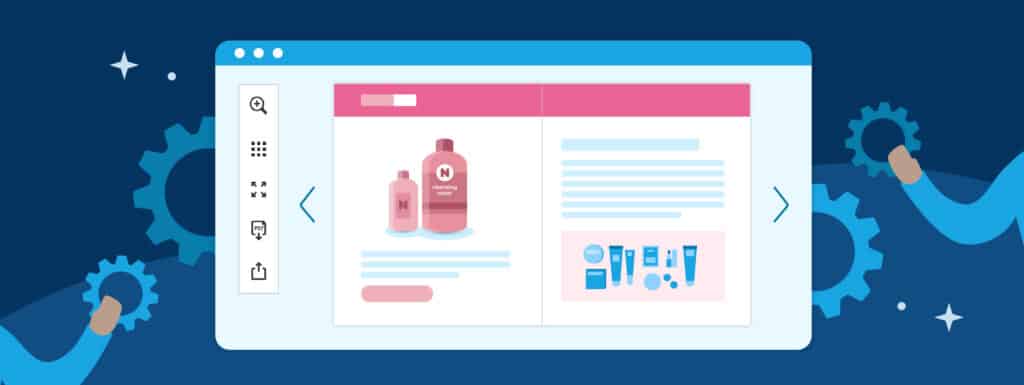 An illustration showcasing a browser window with a simple digital catalog in pink colours. The browser window is on a blue background.