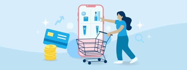 Illustration of a woman with a shopping cart picking items from a mobile phone screen