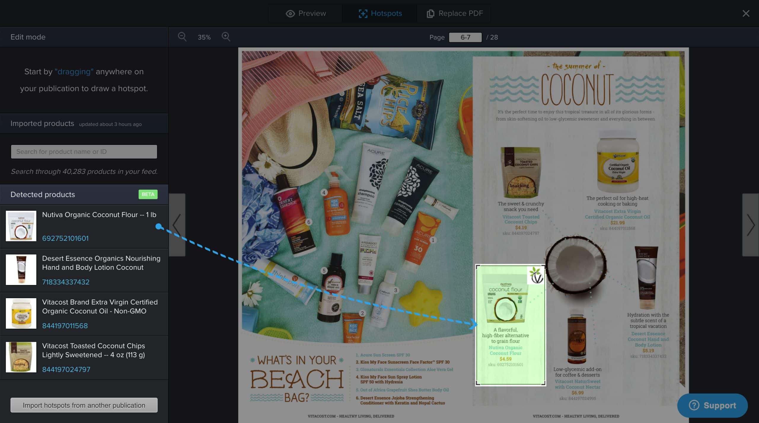 Vitacost catalog loaded into Publitas hotspot editor. Dragging a product from Detected products onto the PDF to create a product hotspot.