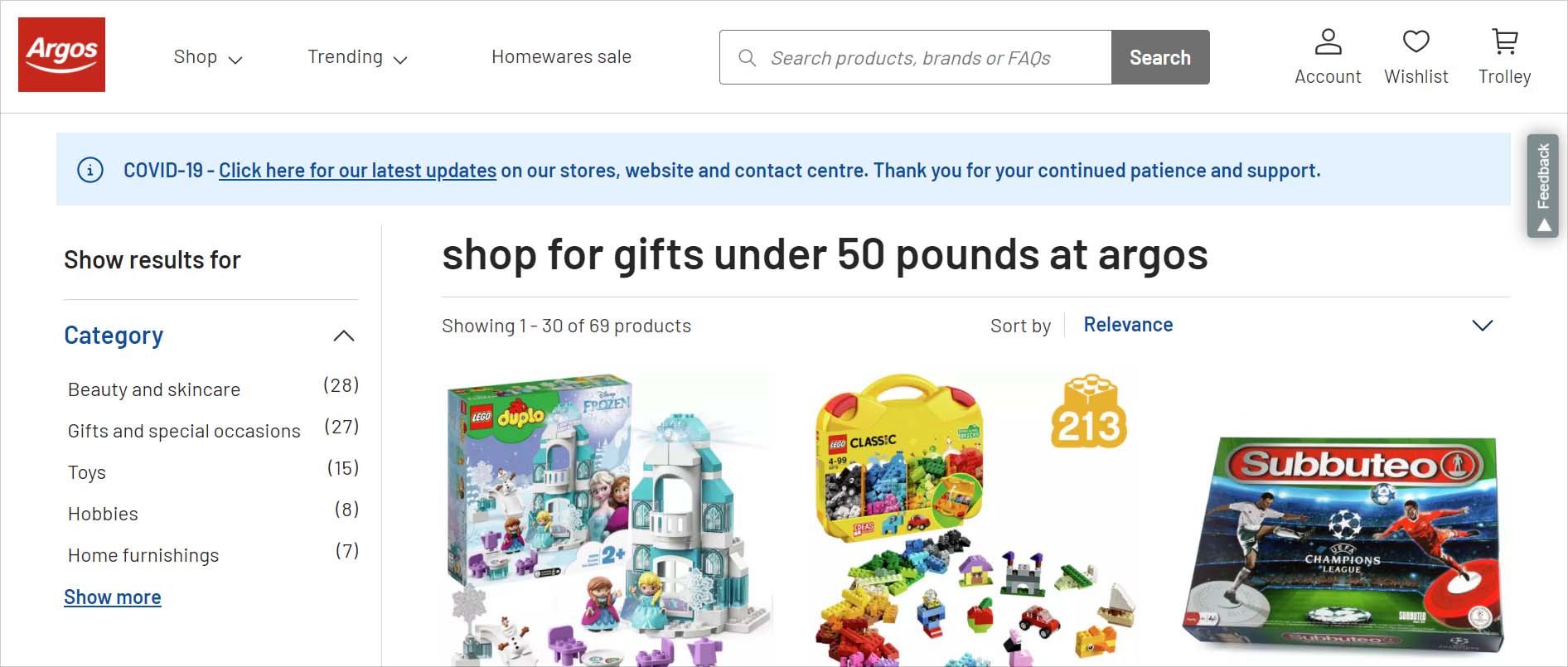 Curated list of gifts for £50 on Argos's online store.