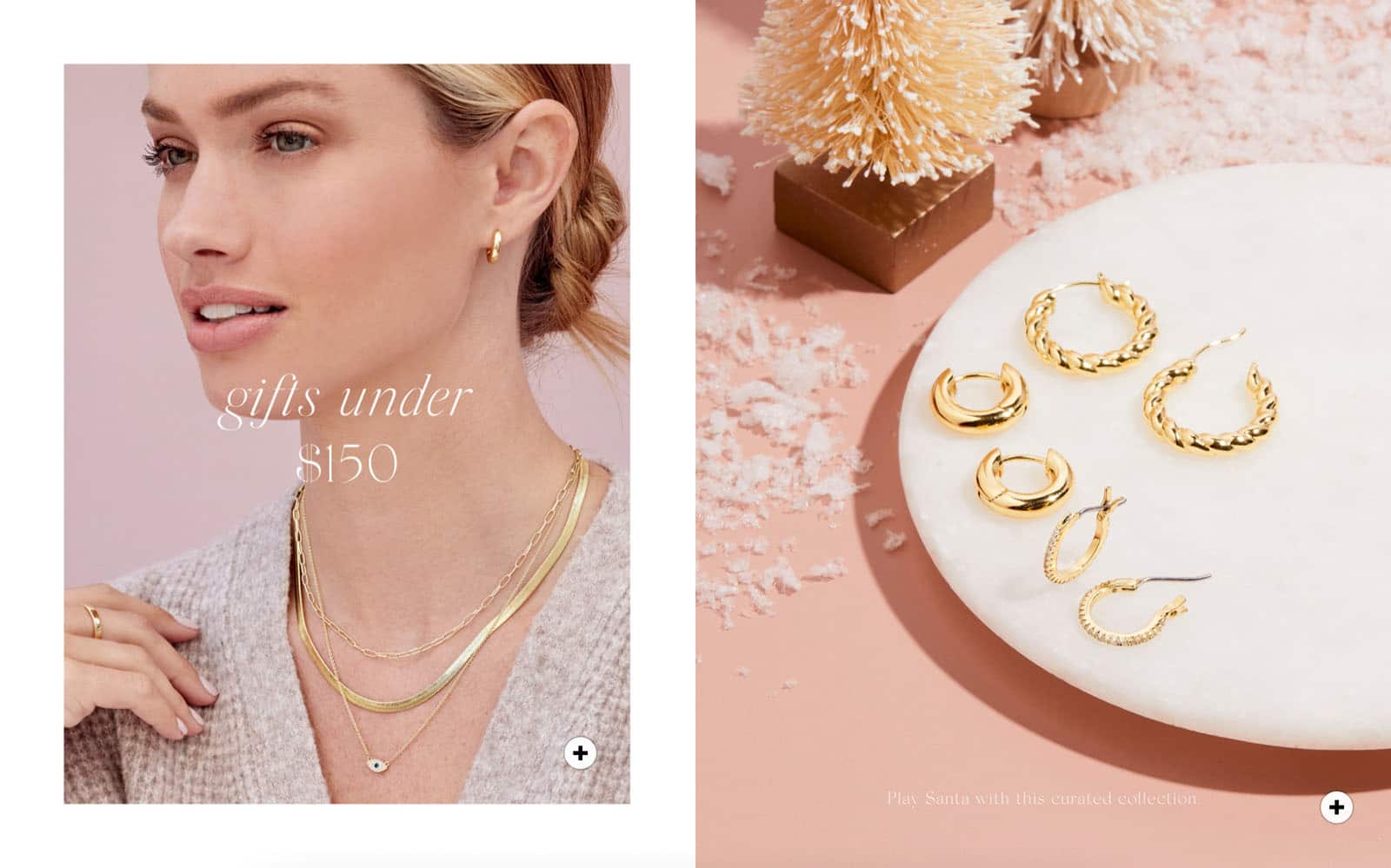 A collection of earrings and necklaces with the copy: Gifts under $150.