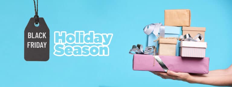 Blog header for Holiday Season and Black Friday. Aquatic blue background and a collection of colorful gifts.