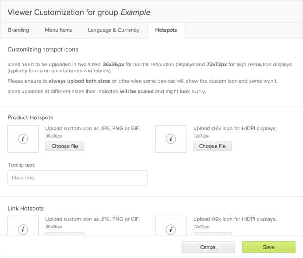 Product Update: Custom Hotspot Icons: The new 'Hotspots' tab in Publitas online catalog software.