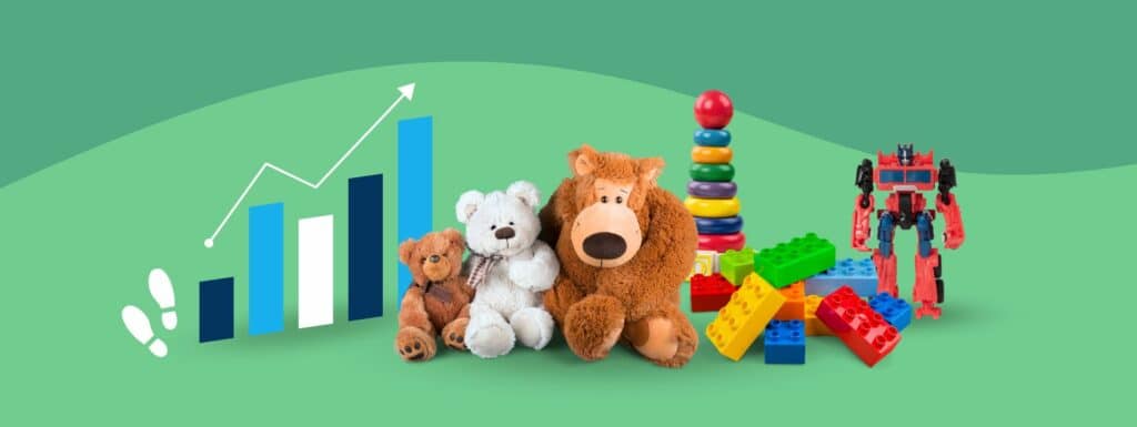 Increasing Reach Header showing a line chart, column chart, two shoe prints and variety of toys