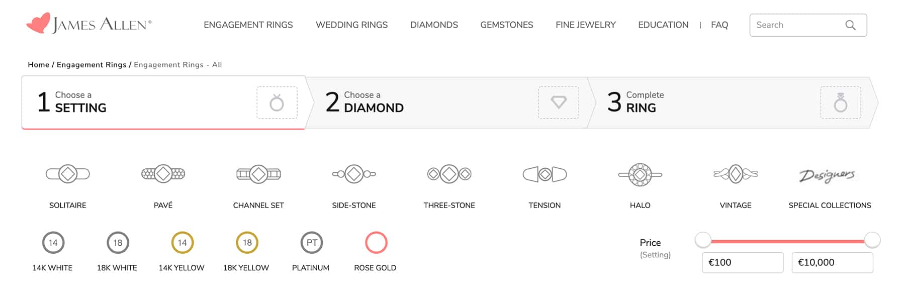 Steps on James Allen's online store to design a custom engagement ring.