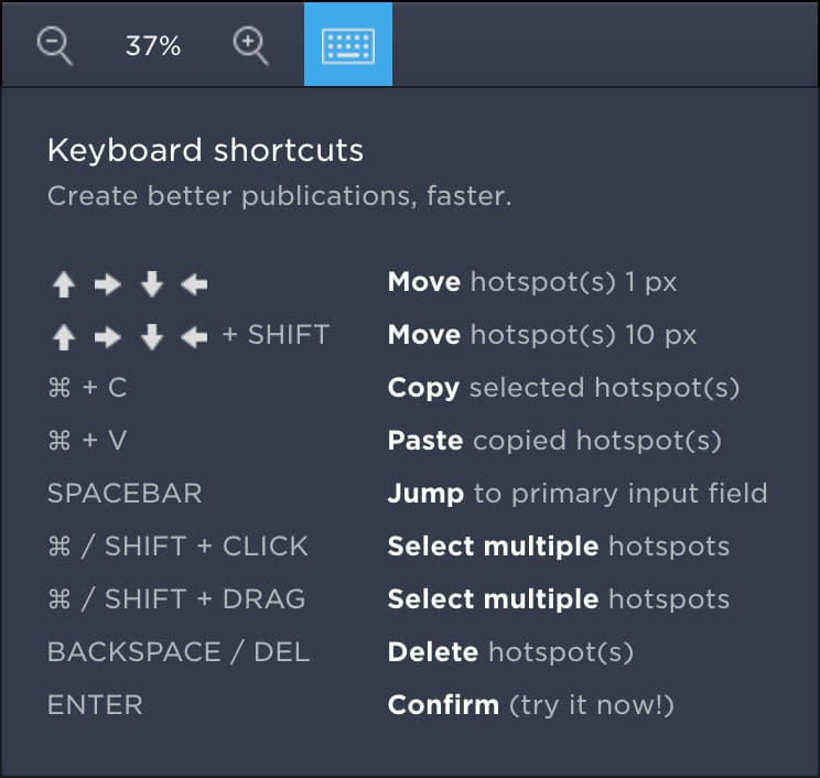  Hidden Tricks Every Publitas User Should Know About: Overview of keyboard shortcuts in the hotspot editor. 