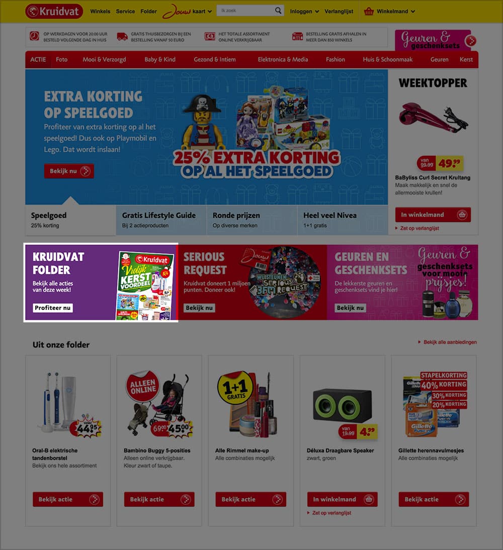 Kruidvat catalog call to action on their homepage.