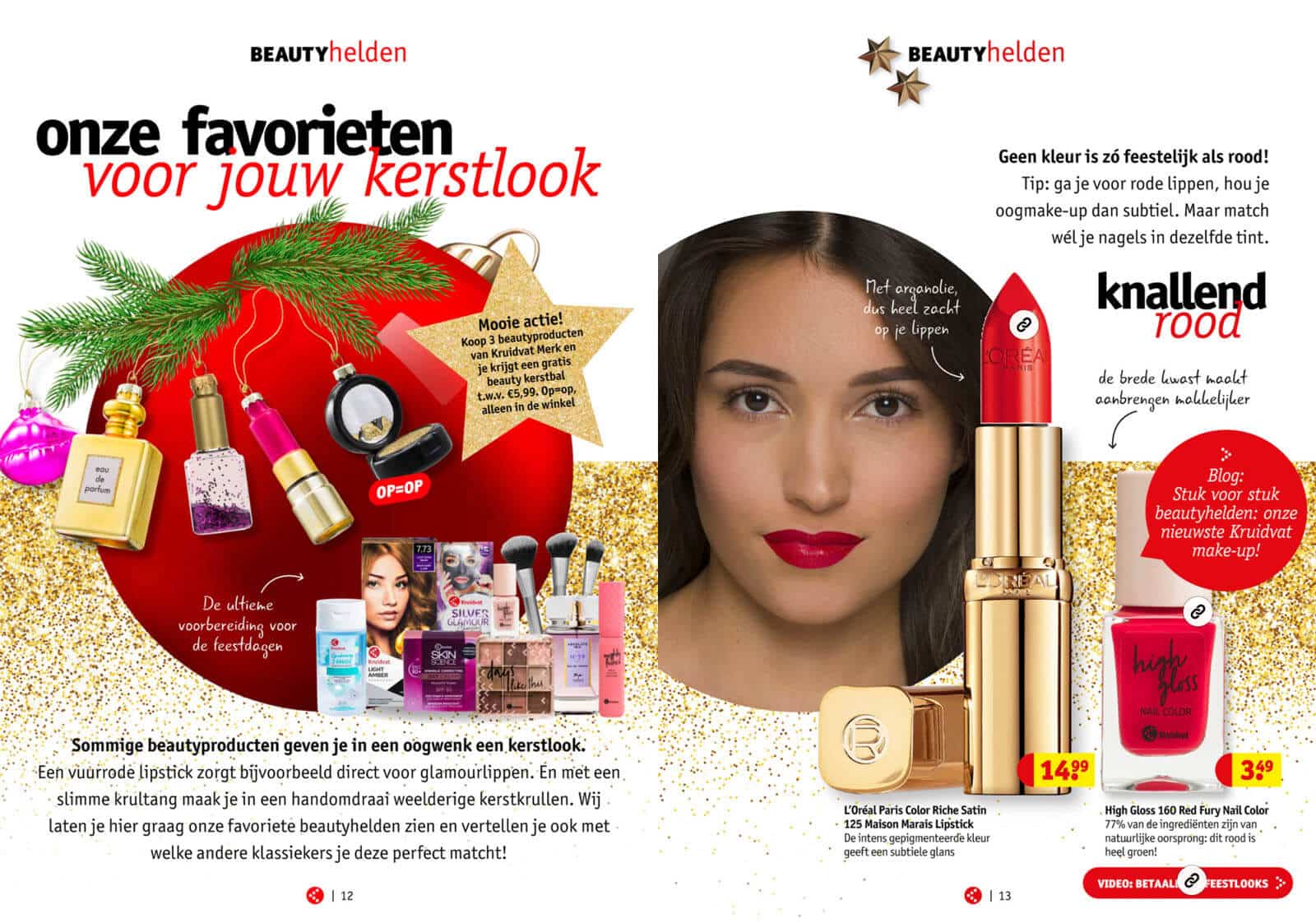 Spread from Kruidvat's gift guide showing beauty tips alongside a collection of make-up products.