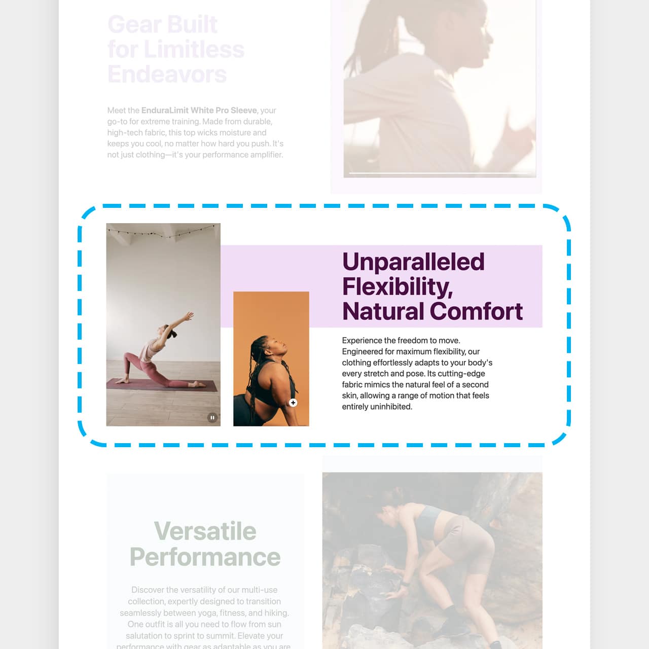 A section from a landing page is highlighted. It shows a video and a photo of women doing yoga.