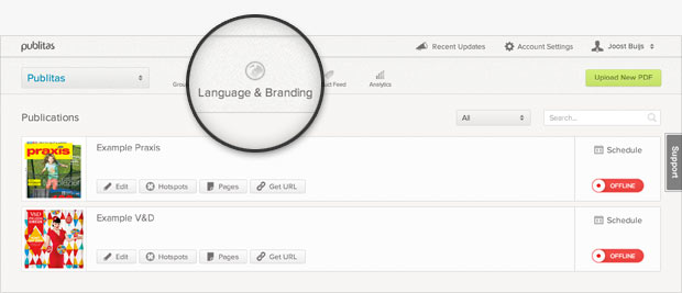 language and branding button in Publitas online magazine software