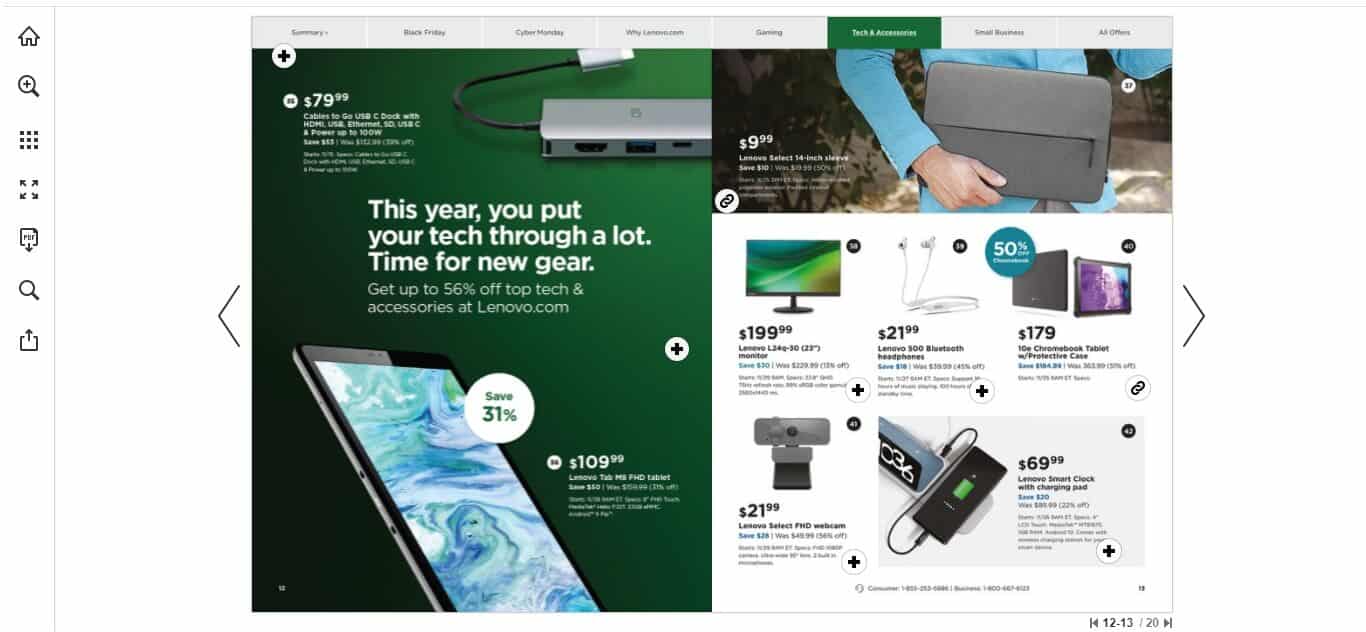 A spread from Lenovo's catalog with product offers for products such as laptops and webcams. Each product is clickable to shop.