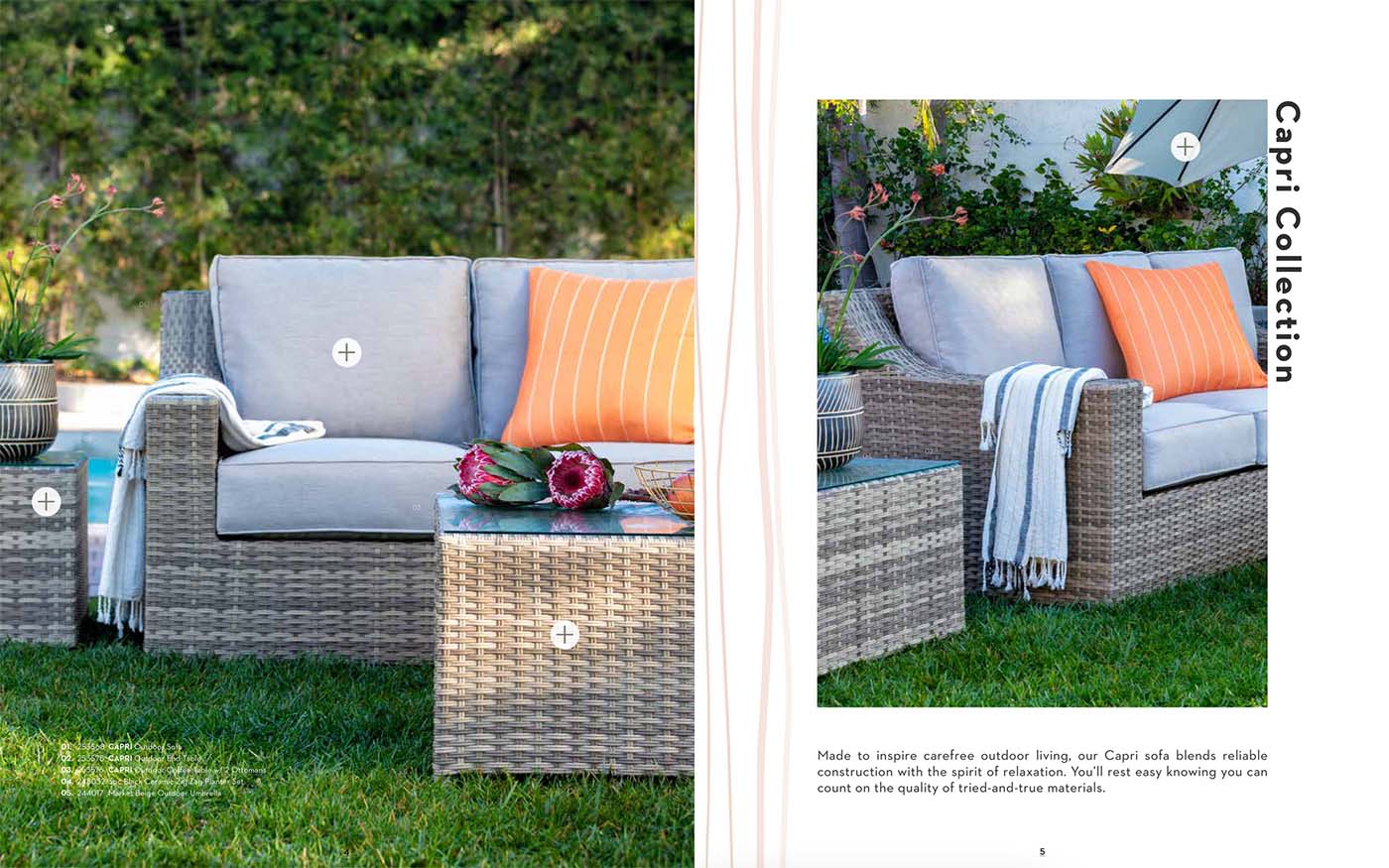 Screen capture of a spread from Living Spaces' online catalog showing an outdoor garden set with tags indicating the items such as a couch are shoppable.