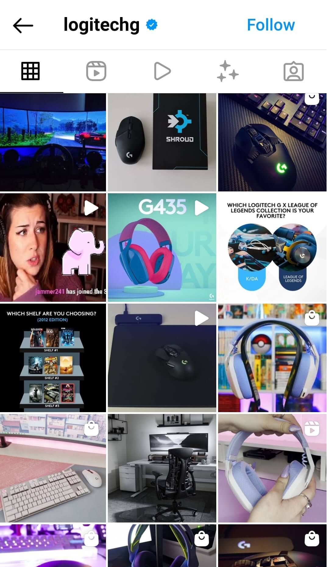 Logitech G's Instagram profile showing shoppable images and videos of various different products such as headphones, keyboards, and computer mouses.