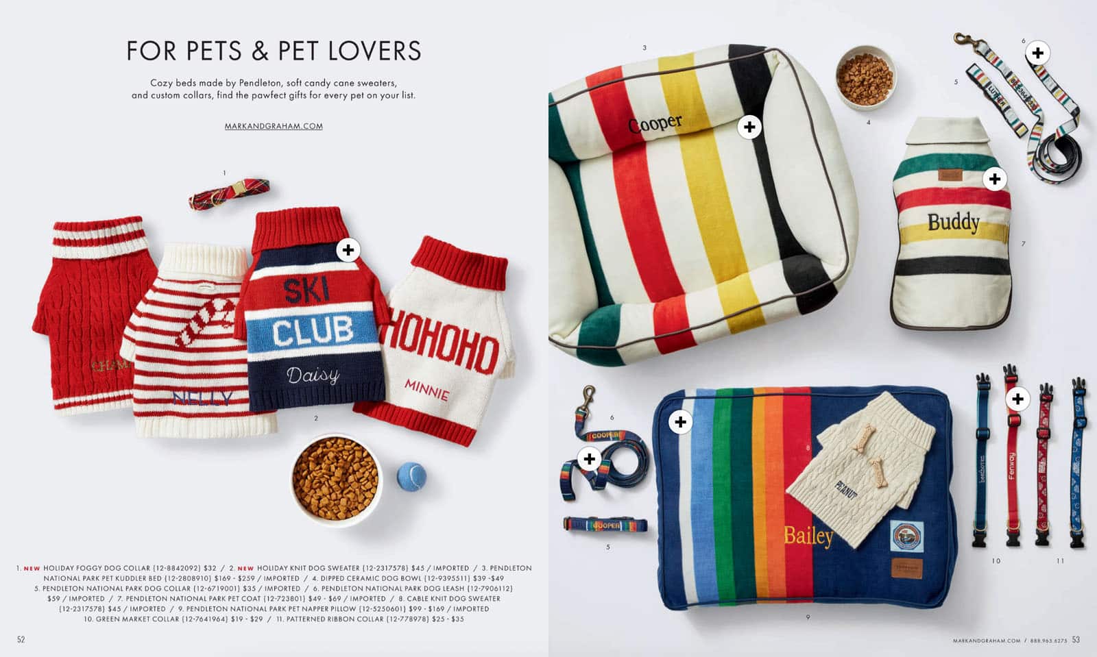 Spread from Mark & Graham's gift guide showing products for pets & pet lovers. Products tagged to be shoppable.