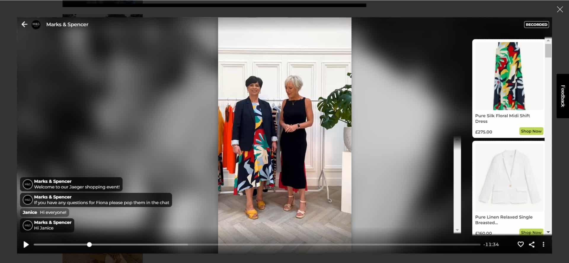 Models wearing an outfit, answering questions live. Highlighted products on the right.