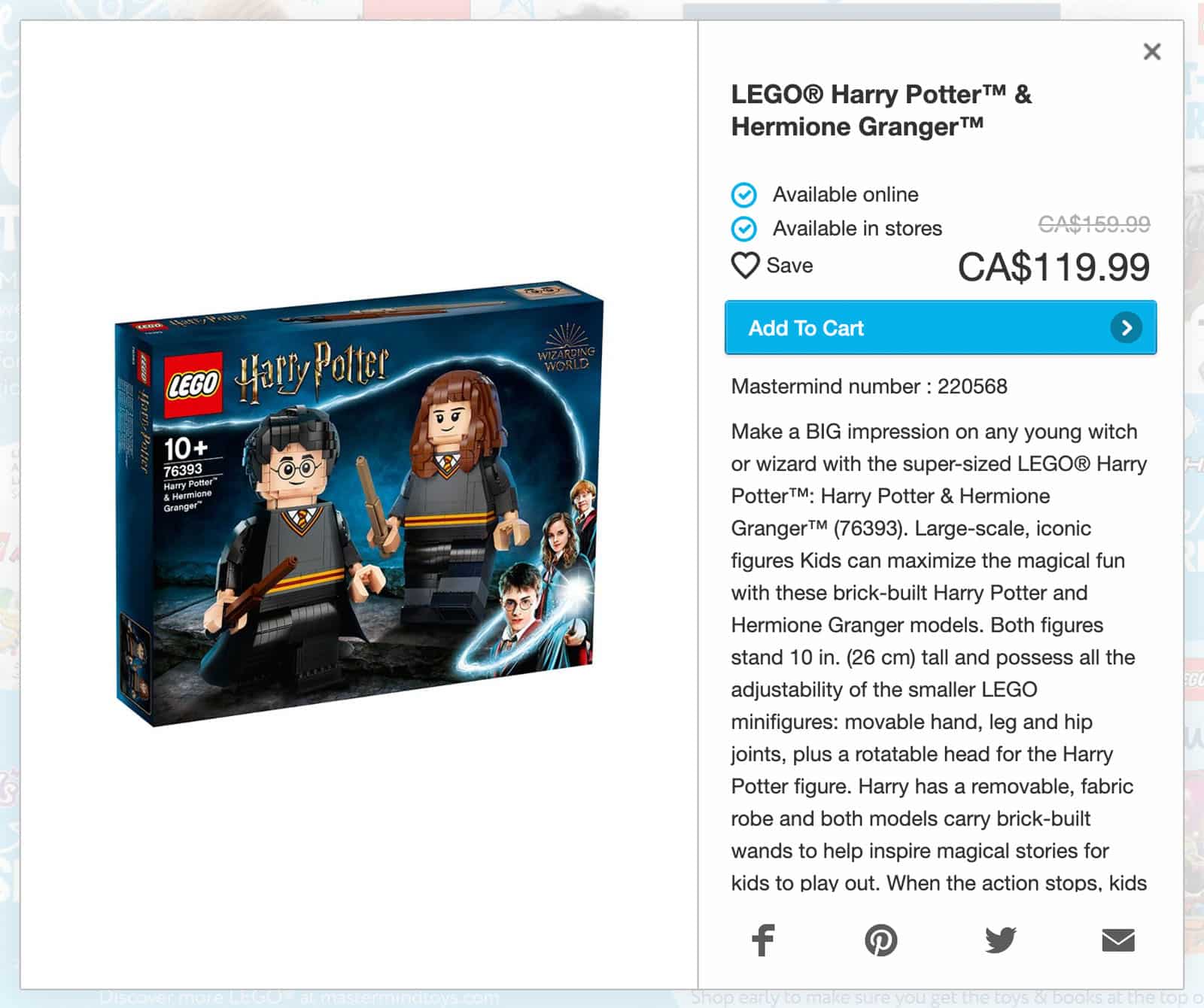 A product detail overlay inside Masterminds holiday play guide showing more details about Harry Potter lego.