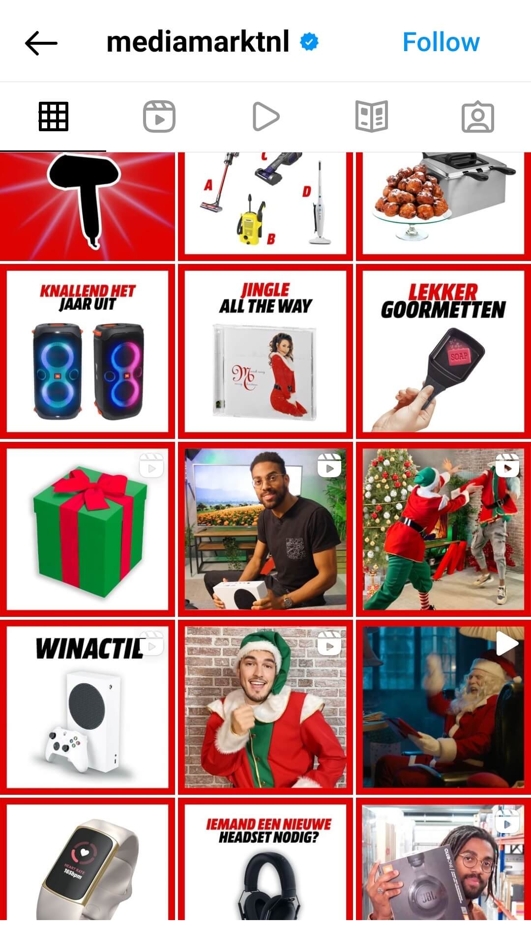 Media Markt's Instagram profile with content heavily branded in their colors and style. Bringing attention to products specifically for Christmas season.