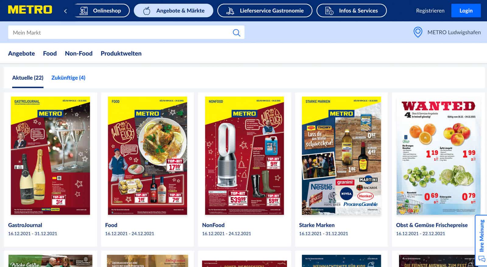 Overview of brochures on METRO's website. Categories such as: Food, Non food, and Strong brands.