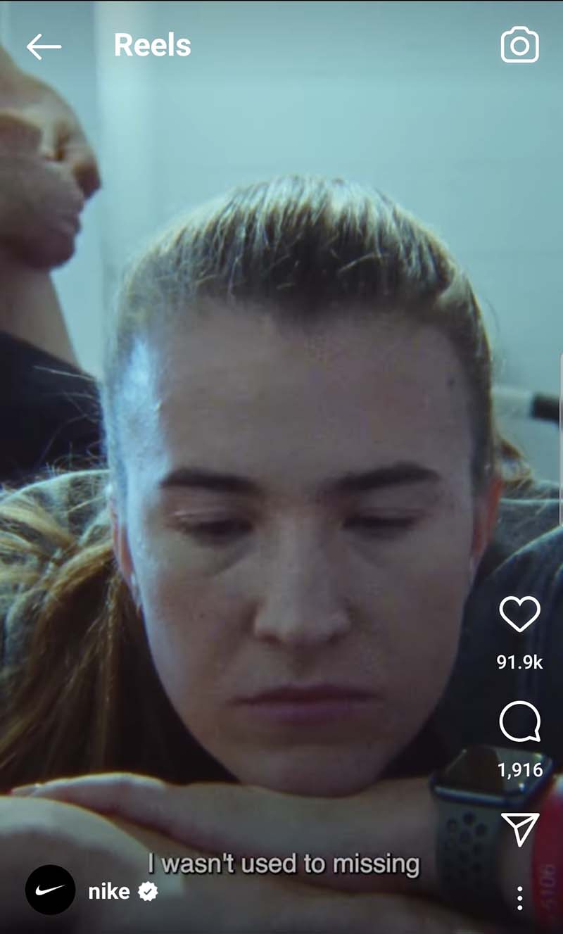 Shot from a Nike reel on instragram. A person looking unhappy with the copy: I wasn't used to missing.