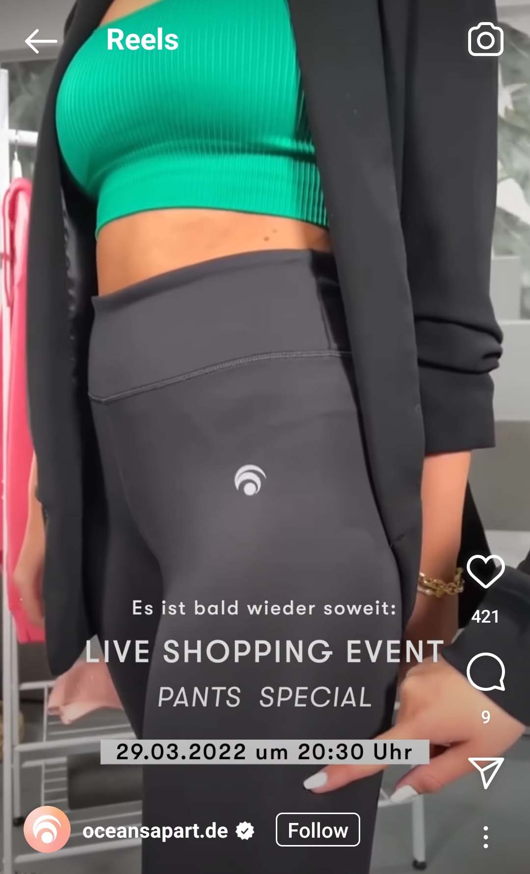 OCEANSAPART sharing a reel with a girl in gym clothing and an announcement for a live social shopping event.