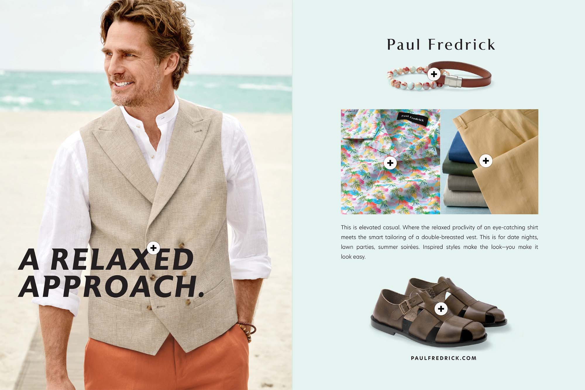 Spread from a catalog. Left: A full image of a man wearing summer clothes. Right: A couple of shirts, bracelets, and sandals matching the theme on the left.