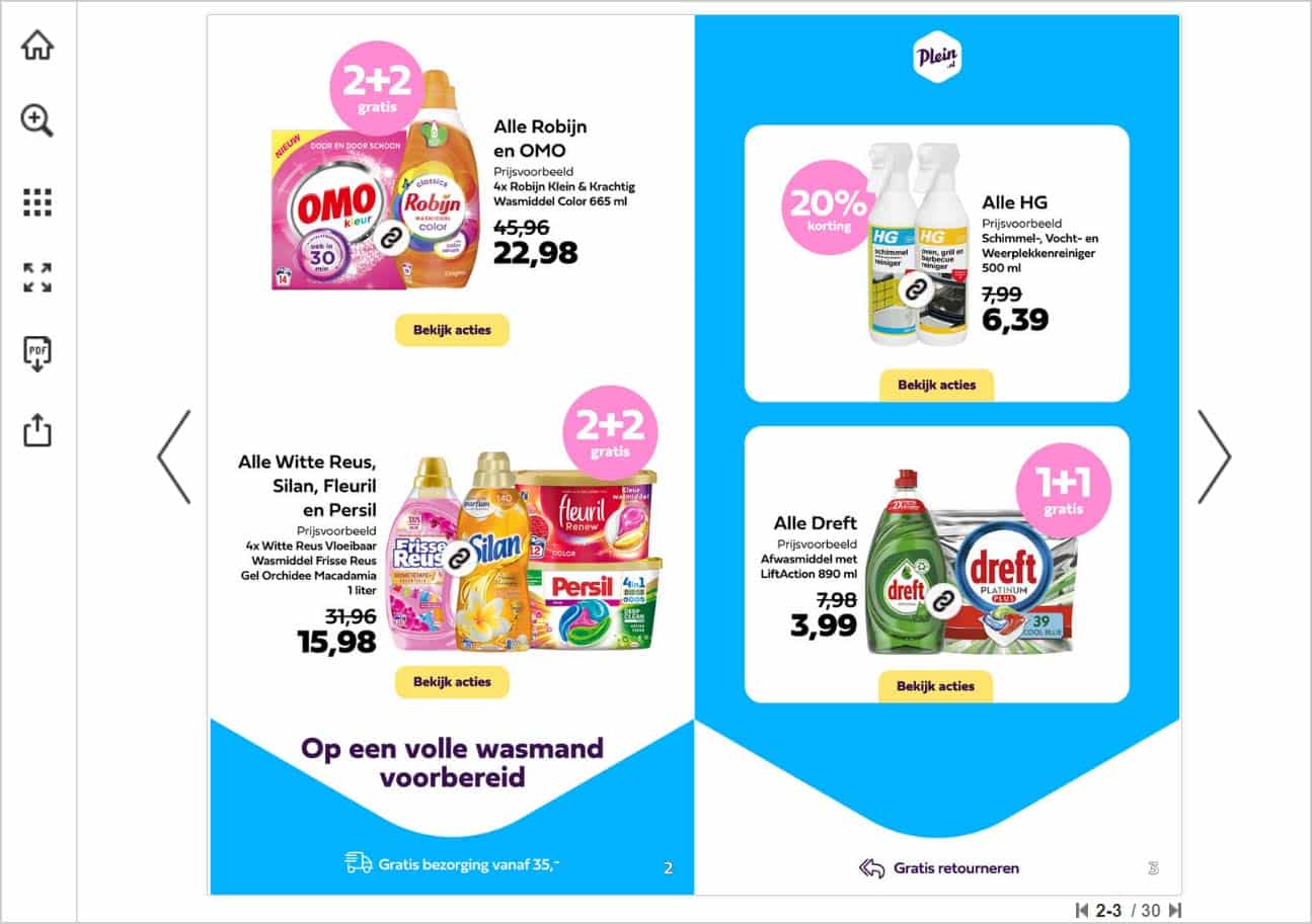 A spread from Plein's online flyer, showing deals and promotions such as 2 + 2 free washing detergents.