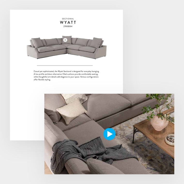 A video showing a couch and a play button is being added to a catalog page.