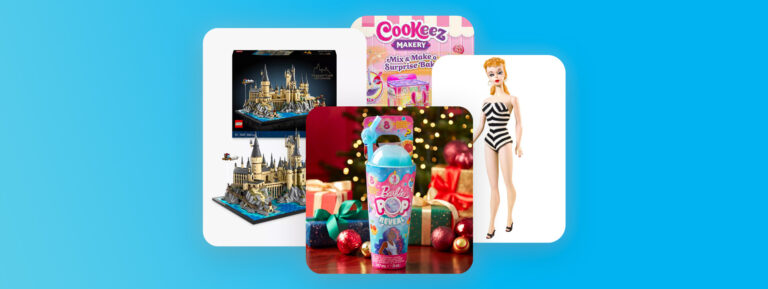 A collection of top Christmas toys such as Barbie and a LEGO castle.