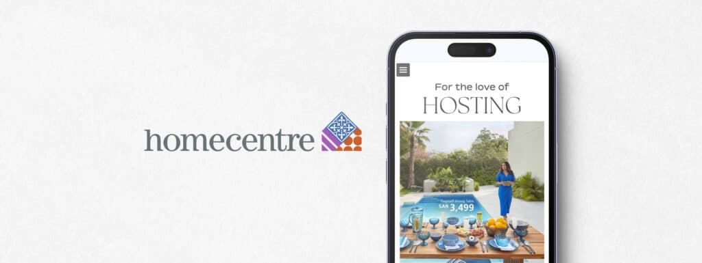 Homecentre logo and a phone showing the cover of a homecentre digital catalog.