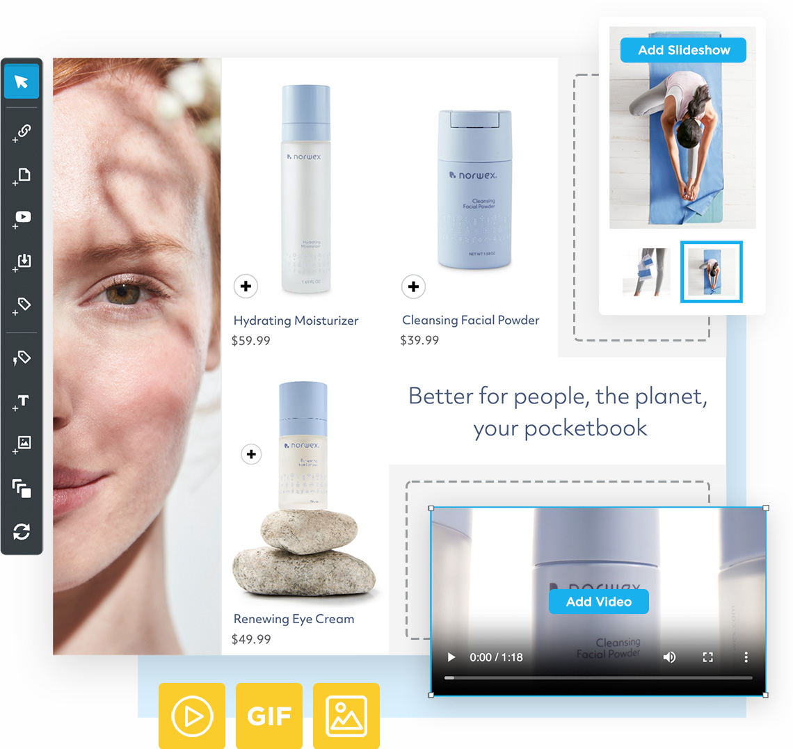 A digital catalog spread about skin creams with an editor UI. A slideshow and a video are added to the catalog.